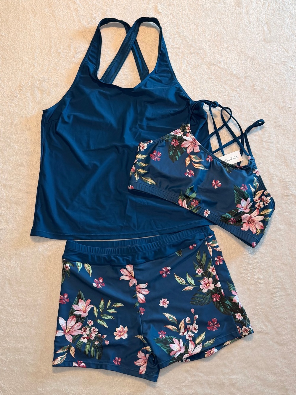 NWT 3-Piece Floral Navy Tankini Set